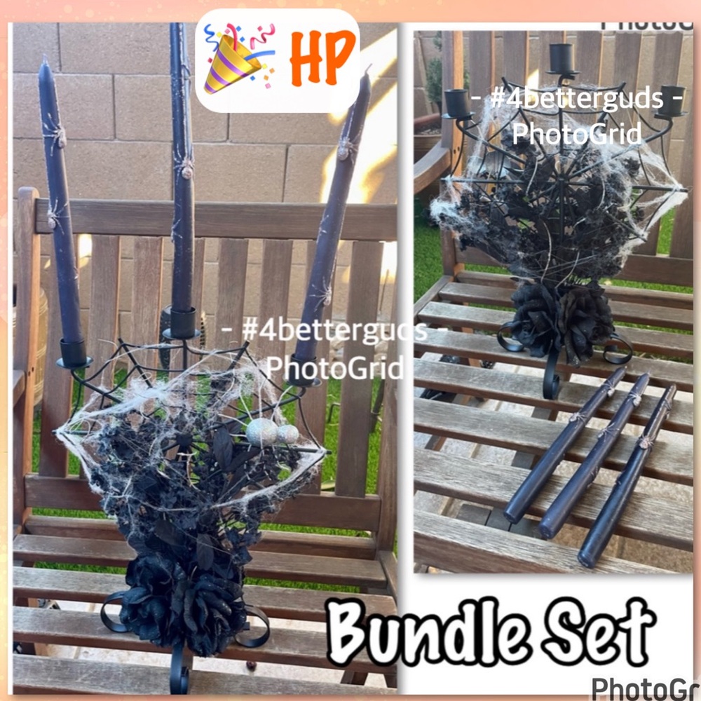 SET Metal Goth Spider Web Black Silk Roses Flowers Candelabra & 3 Spider Candles